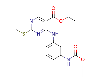 Molecular Structure of 1363161-14-1 (ethyl 4-((3-((tert-butoxycarbonyl)amino)phenyl)amino)-2-(methylthio)pyrimidine-5-carboxylate)