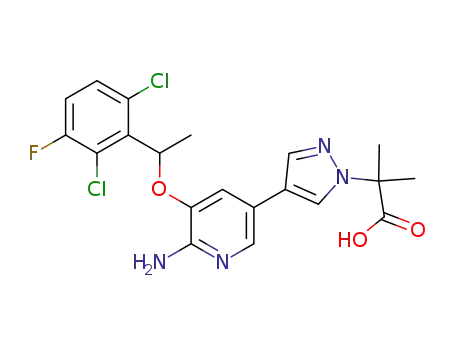 Molecular Structure of 877399-13-8 (2-(4-(6-amino-5-(1-(2,6-dichloro-3-fluorophenyl)ethoxy)pyridin-3-yl)-1H-pyrazol-1-yl)-2-methylpropanoic acid)