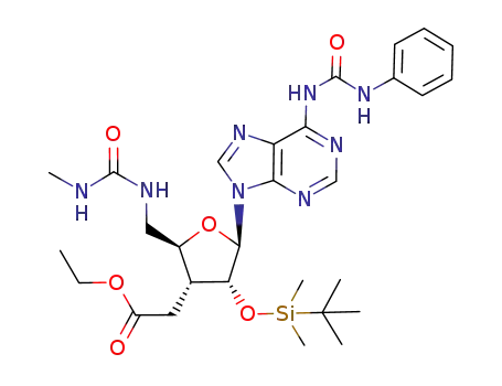Molecular Structure of 1025358-49-9 (2'-O-(tert-butyldimethylsilyl)-3',5'-dideoxy-3'-[(ethoxycarbonyl)methyl]-5'-[(N-methylcarbamoyl)amino]-N<sup>6</sup>-(N-phenylcarbamoyl)adenosine)