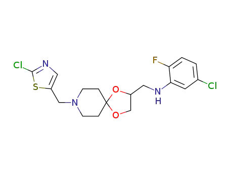 Molecular Structure of 1246443-53-7 (N-(5-chloro-2-fluorophenyl)-N-({8-((2-chloro-5-thiazolyl)methyl)-1,4-dioxa-8-aza-spiro[4,5]dec-2-yl}methyl)amine)
