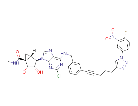 Molecular Structure of 1309943-75-6 ((1S,2R,3S,4R,5S)-4-[2-chloro-6-(3-(5-(1-(4-fluoro-3-nitrophenyl)-1H-1,2,3-triazol-4-yl)pent-1-ynyl)benzylamino)-9H-purin-9-yl]-2,3-dihydroxybicyclo[3.1.0]hexane-1-carboxylic acid N-methylamide)