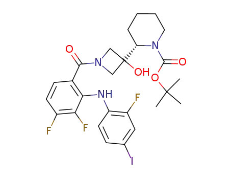 Molecular Structure of 934665-56-2 (1-Piperidinecarboxylic acid, 2-[1-[3,4-difluoro-2-[(2-fluoro-4-iodophenyl)aMino]benzoyl]-3-hydroxy-3-azetidinyl]-, 1,1-diMethylethyl ester, (2R)-)