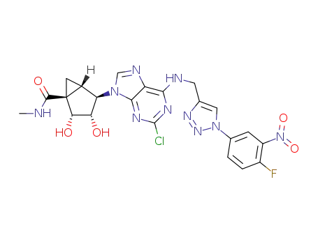 Molecular Structure of 1309943-95-0 ((1S,2R,3S,4R,5S)-4-(2-chloro-6-((1-(4-fluoro-3-nitrophenyl)-1H-1,2,3-triazol-4-yl)methylamino)-9H-purin-9-yl)-2,3-dihydroxy-N-methylbicyclo[3.1.0]hexane-1-carboxamide)