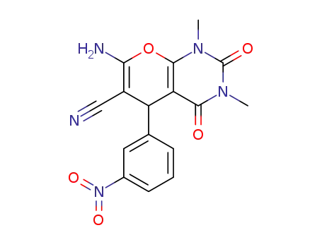 Molecular Structure of 1072002-79-9 (7-amino-1,3-dimethyl-5-(3-nitrophenyl)-2,4-dioxo-1,3,4,5-tetrahydro-2H-pyrano [2,3-d]pyrimidine-6-carbonitrile)