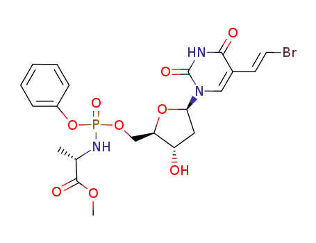 Molecular Structure of 232925-18-7 (methyl (2S)-2-[[[(2R,3S,5R)-5-[5-[(E)-2-bromoethenyl]-2,4-dioxo-pyrimidin-1-yl]-3-hydroxy-oxolan-2-yl]methoxy-phenoxy-phosphoryl]amino]propanoate)