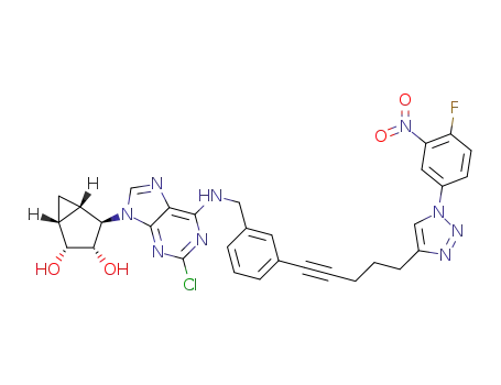 Molecular Structure of 1309943-89-2 ((1R,2R,3S,4R,5S)-4-(2-chloro-6-(3-(5-(1-(4-fluoro-3-nitrophenyl)-1H-1,2,3-triazol-4-yl)pent-1-ynyl)benzylamino)-9H-purin-9-yl)bicyclo[3.1.0]hexane-2,3-diol)