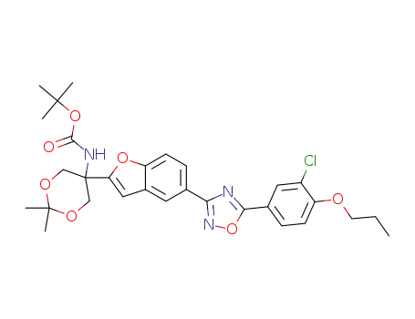 Molecular Structure of 1220973-42-1 (tert-butyl N-[5-[5-[5-(3-chloro-4-propoxy-phenyl)-1,2,4-oxadiazol-3-yl]benzofuran-2-yl]-2,2-dimethyl-1,3-dioxan-5-yl]carbamate)