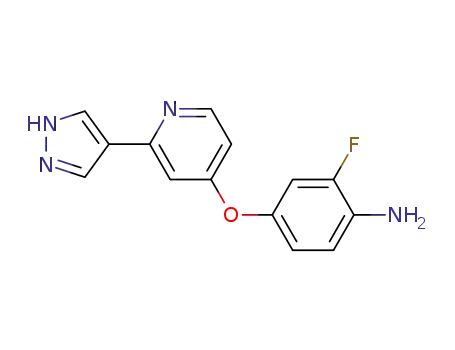 Molecular Structure of 1020173-13-0 (4-(2-(1H-pyrazol-4-yl)pyridin-4-yloxy)-2-fluorobenzenamine)