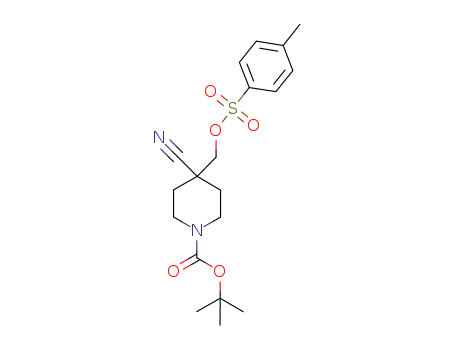 Molecular Structure of 929302-00-1 (4-Cyano-4-(toluene-4-sulfonyloxyMethyl)-piperidine-1-carboxylic acid tert-butyl ester)