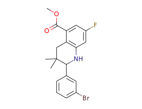 Molecular Structure of 1343460-25-2 (2-(3-bromo-phenyl)-7-fluoro-3,3-dimethyl-1,2,3,4-tetrahydro-quinoline-5-carboxylic acid methyl ester)