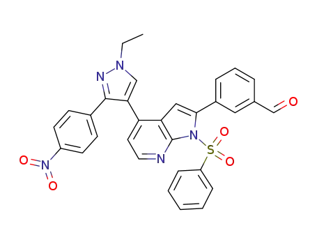 Molecular Structure of 942920-00-5 (3-[4-[1-Ethyl-3-(4-nitrophenyl)-1H-pyrazol-4-yl]-1-(phenylsulfonyl)-1H-pyrrolo[2,3-b]pyridin-2-yl]benzaldehyde)