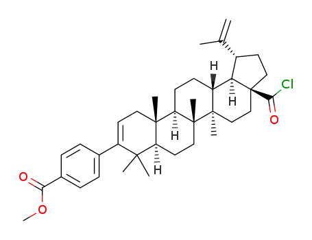Molecular Structure of 1351278-78-8 (methyl 4-((1R,3aS,5aR,5bR,7aR,11aS,11bR,13aR,13bR)-3a-(chlorocarbonyl)-5a,5b,8,8,11a-pentamethyl-1-(prop-1-en-2-yl)-2,3,3a,4,5,5a,5b,6,7,7a,8,11,11a,11b,12,13,13a,13b-octadecahydro-1H-cyclopenta[a]chrysen-9-yl)benzoate)