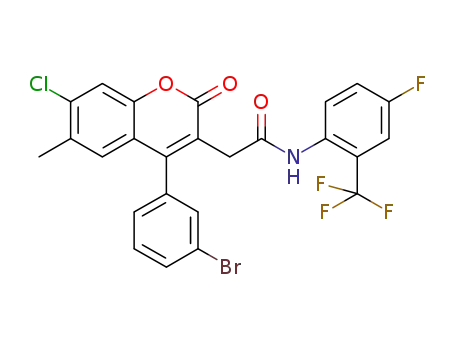 Molecular Structure of 391687-64-2 (2-[4-(3-bromophenyl)-7-chloro-6-methyl-2-oxo-2H-chromen-3-yl]-N-[4-fluoro-2-(trifluoromethyl)phenyl]acetamide)