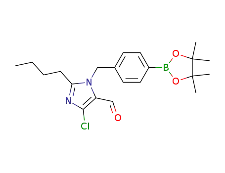 Molecular Structure of 894806-34-9 (2-butyl-4-chloro-1-(4-(4,4,5,5-tetramethyl-1,3,2-dioxaborolan-2-yl)benzyl)-1H-imidazole-5-carbaldehyde)