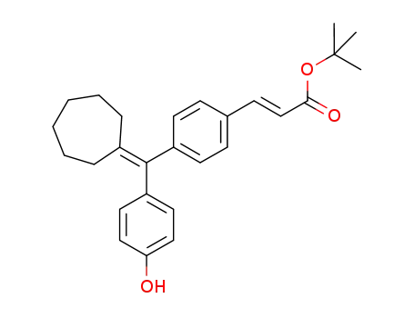 Molecular Structure of 843660-98-0 (2-Propenoic acid,
3-[4-[cycloheptylidene(4-hydroxyphenyl)methyl]phenyl]-,
1,1-dimethylethyl ester, (2E)-)