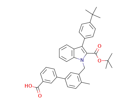 Molecular Structure of 1010413-07-6 (3'-({2-{[(1,1-dimethylethyl)oxy]carbonyl}-3-[4-(1,1-dimethylethyl)phenyl]-1H-indol-1-yl}methyl)-4'-methyl-3-biphenylcarboxylic acid)