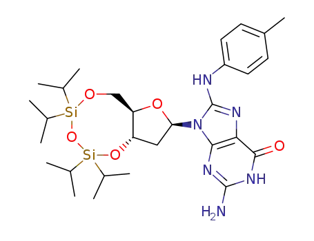 Molecular Structure of 769142-00-9 (8-(4-methylphenylamino)-N9-[3',5'-O-(1,1,3,3-tetrakis(isopropyl)-1,3-disiloxanediyl)-β-D-2'-deoxyribofuranosyl]guanine)