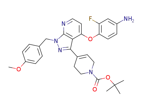 Molecular Structure of 949558-16-1 (tert-butyl 4-(4-(4-amino-2-fluorophenoxy)-1-(4-methoxybenzyl)-1H-pyrazolo[3,4-b]pyridin-3-yl)-5,6-dihydropyridine-1(2H)-carboxylate)