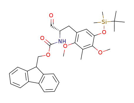 Molecular Structure of 249764-06-5 (Carbamic acid,
[(1S)-2-[5-[[(1,1-dimethylethyl)dimethylsilyl]oxy]-2,4-dimethoxy-3-methyl
phenyl]-1-formylethyl]-, 9H-fluoren-9-ylmethyl ester)