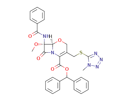 Molecular Structure of 68402-81-3 ((6R,7R)-7-(Benzoylamino)-7-methoxy-3-[[(1-methyl-1H-tetrazol-5-yl)thio]methyl]-8-oxo-5-oxa-1-azabicyclo[4.2.0]oct-2-ene-2-carboxylic acid diphenylmethyl ester)