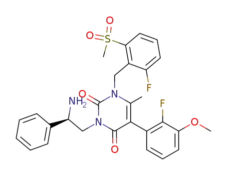 Molecular Structure of 830346-56-0 (2,4(1H,3H)-Pyrimidinedione,
3-[(2R)-2-amino-2-phenylethyl]-5-(2-fluoro-3-methoxyphenyl)-1-[[2-fluoro
-6-(methylsulfonyl)phenyl]methyl]-6-methyl-)