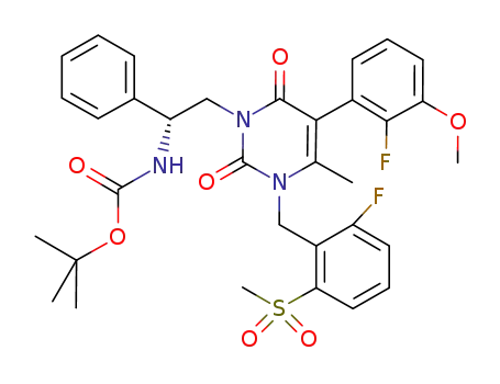 Molecular Structure of 830346-55-9 (Carbamic acid,
[(1R)-2-[5-(2-fluoro-3-methoxyphenyl)-3-[[2-fluoro-6-(methylsulfonyl)phen
yl]methyl]-3,6-dihydro-4-methyl-2,6-dioxo-1(2H)-pyrimidinyl]-1-phenyleth
yl]-, 1,1-dimethylethyl ester)