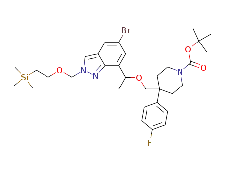 Molecular Structure of 1100213-76-0 ((+/-)-tert-butyl 4-((1-(5-bromo-2-((2-(trimethylsilyl)ethoxy)methyl)-2H-indazol-7-yl)ethoxy)methyl)-4-(4-fluorophenyl)piperidine-1-carboxylate)