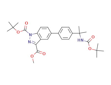 Molecular Structure of 850360-94-0 (1H-Indazole-1,3-dicarboxylic acid,
5-[4-[1-[[(1,1-dimethylethoxy)carbonyl]amino]-1-methylethyl]phenyl]-,
1-(1,1-dimethylethyl) 3-methyl ester)