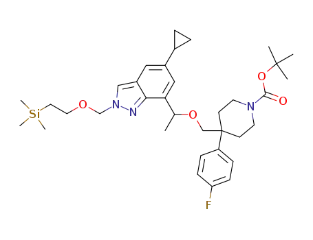 Molecular Structure of 1100213-80-6 ((+/-)-tert-butyl 4-((1-(5-cyclopropyl-2-((2-(trimethylsilyl)ethoxy)methyl)-2H-indazol-7-yl)ethoxy)methyl)-4-(4-fluorophenyl)piperidine-1-carboxylate)
