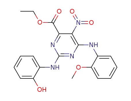 Molecular Structure of 1022157-68-1 (ethyl 2-(2-hydroxyphenylamino)-6-(2-methoxyphenylamino)-5-nitropyrimidine-4-carboxylate)