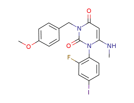 Molecular Structure of 871700-54-8 (1-(2-fluoro-4-iodophenyl)-3-(4-methoxybenzyl)-6-(methylamino)pyrimidine-2,4(1H,3H)-dione)