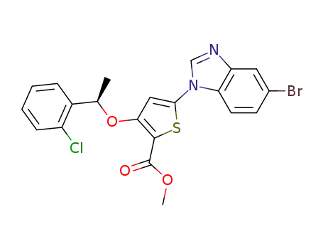 Molecular Structure of 929040-32-4 (2-Thiophenecarboxylic acid,
5-(5-bromo-1H-benzimidazol-1-yl)-3-[(1R)-1-(2-chlorophenyl)ethoxy]-,
methyl ester)