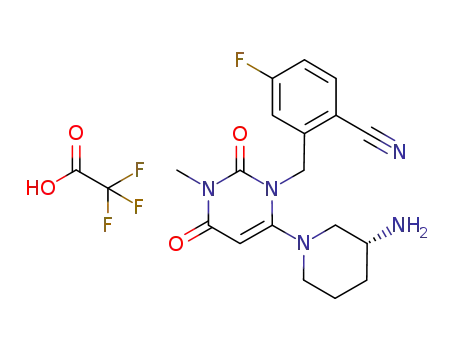 Molecular Structure of 928201-45-0 (2-[[6-[(3R)-3-AMino-1-piperidinyl]-3,4-dihydro-3-Methyl-2,4-dioxo-1(2H)-pyriMidinyl]Methyl]-4-fluorobenzonitrile Trifluoroacetate)