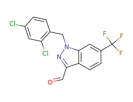 Molecular Structure of 877773-21-2 (1H-Indazole-3-carboxaldehyde,
1-[(2,4-dichlorophenyl)methyl]-6-(trifluoromethyl)-)
