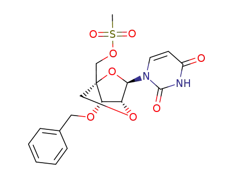 Molecular Structure of 1094603-22-1 (((1R,3R,4R,7S)-7-(benzyloxy)-3-(2,4-dioxo-3,4-dihydropyrimidin-1(2H)-yl)-2,5-dioxabicyclo[2.2.1]heptan-1-yl)methyl methanesulfonate)