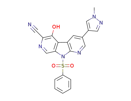 Molecular Structure of 1200130-78-4 (9-benzenesulfonyl-5-hydroxy-3-(1-methyl-1H-pyrazol-4-yl)-9H-dipyrido[2,3-b:4',3'-d]pyrrole-6-carbonitrile)