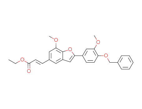 Molecular Structure of 213970-70-8 (2-Propenoic acid,
3-[7-methoxy-2-[3-methoxy-4-(phenylmethoxy)phenyl]-5-benzofuranyl]-,
ethyl ester, (2E)-)