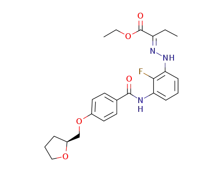 Molecular Structure of 1314129-15-1 (ethyl (2E)-2-{[2-fluoro-3-({4-[(2S)-tetrahydrofuran-2-ylmethoxy]benzoyl}amino)phenyl]hydrazono}butanoate)