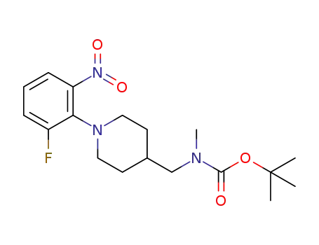 Molecular Structure of 1350918-33-0 (tert-butyl (1-(2-fluoro-6-nitrophenyl)piperidin-4-yl)methyl(methyl)carbamate)