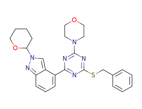 Molecular Structure of 1391926-34-3 (4-(4-(benzylthio)-6-(2-(tetrahydro-2H-pyran-2-yl)-2H-indazol-4-yl)-1,3,5-triazin-2-yl)morpholine)