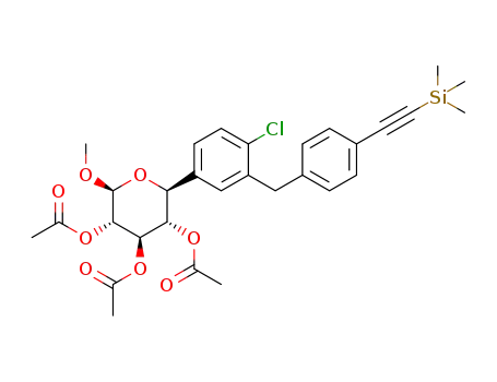 Molecular Structure of 1416165-32-6 ((2S,3S,4R,5S,6S)-2-(4-chloro-3-(4-((trimethylsilyl)ethynyl)benzyl)phenyl)-6-methoxytetrahydro-2H-pyran-3,4,5-triyl triacetate)