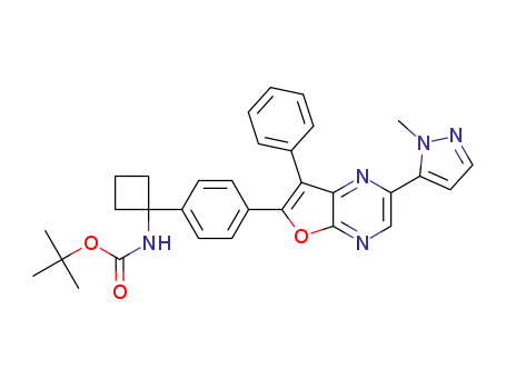 Molecular Structure of 1301612-87-2 (tert-butyl 1-(4-(2-(1-methyl-1H-pyrazol-5-yl)-7-phenylfuro[2,3-b]pyrazin-6-yl)phenyl)cyclobutylcarbamate)