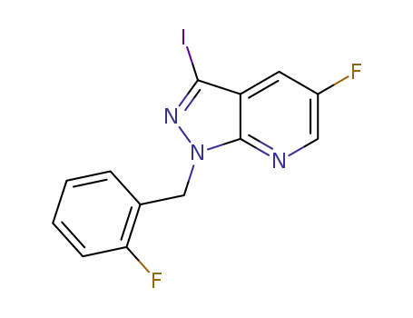 Molecular Structure of 1350653-24-5 (5-fluoro-1-(2-fluorobenzyl)-3-iodo-1H-pyrazolo[3,4-b]pyridine)