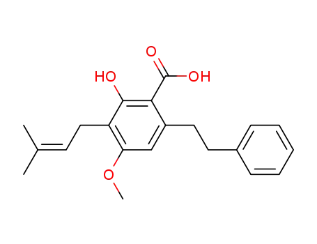 Molecular Structure of 80489-90-3 (Benzoic acid, 2-hydroxy-4-Methoxy-3-(3-Methyl-2-butenyl)-6-(2-phenylethyl)-)