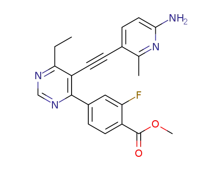 Molecular Structure of 1321613-05-1 (4-[5-(6-amino-2-methyl-pyridin-3-ylethynyl)-6-ethyl-pyrimidin-4-yl]-2-fluoro-benzoic acid methyl ester)
