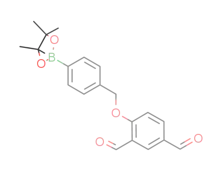 Molecular Structure of 1312698-60-4 (4-((4-(4,4,5,5-tetramethyl-1,3,2-dioxaborolanyl)benzyl)oxy)benzene-1,3-dicarbaldehyde)