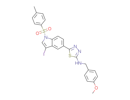 Molecular Structure of 1401348-70-6 (5-(3-iodo-1-tosyl-1H-indol-5-yl)-N-(4-methoxybenzyl)-1,3,4-thiadiazol-2-amine)