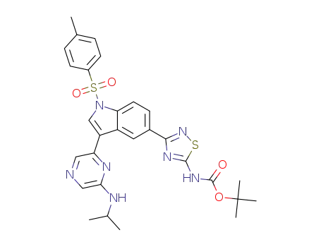 Molecular Structure of 1401349-83-4 (tert-butyl (3-(3-(6-(isopropylamino)pyrazin-2-yl)-1-tosyl-1H-indol-5-yl)-1,2,4-thiadiazol-5-yl)carbamate)