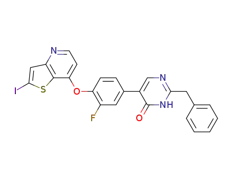 Molecular Structure of 946505-13-1 (2-benzyl-5-(3-fluoro-4-(2-iodothieno[3,2-b]pyridin-7-yloxy)phenyl)pyrimidin-4(3H)-one)