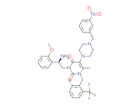 Molecular Structure of 1308378-40-6 (3-[(R)-2-amino-2-(2-methoxy-phenyl)-ethyl]-1-(2-fluoro-6-trifluoromethyl-benzyl)-6-methyl-5-[4-(3-nitro-benzyl)-piperazin-1-yl]-1H-pyrimidine-2,4-dione)